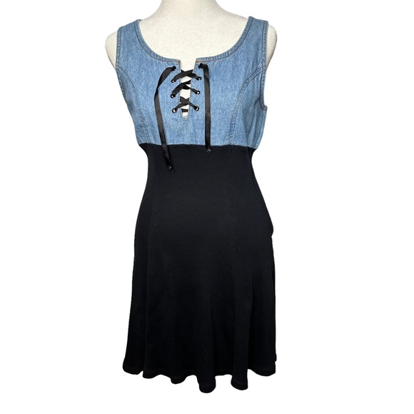 Vintage Jalate 90s Denim Ribbed Cotton Lace Up Dress - Picture 2 of 10